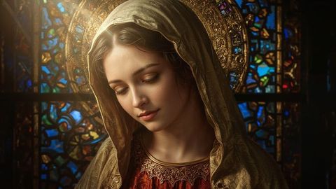 Spiritual woman in gold veil meditating in chapel light