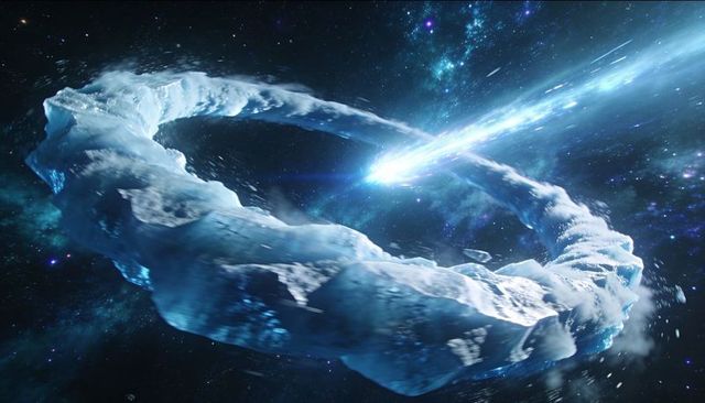 Icy torus shattering under comet beam over nebula, cosmic ice ring fragmentation