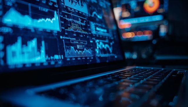 Analyzing Data Charts on Laptop in Dim Office