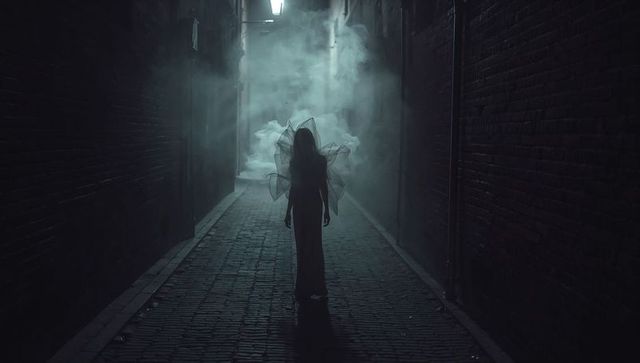 Standing silhouette in foggy cobblestone alley wearing dark gown and ruffled wing veil