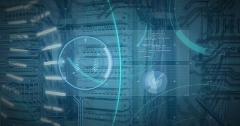 Futuristic Digital Interface Overlay on Server Room for Technology Concept - Download Free Stock Images Pikwizard.com