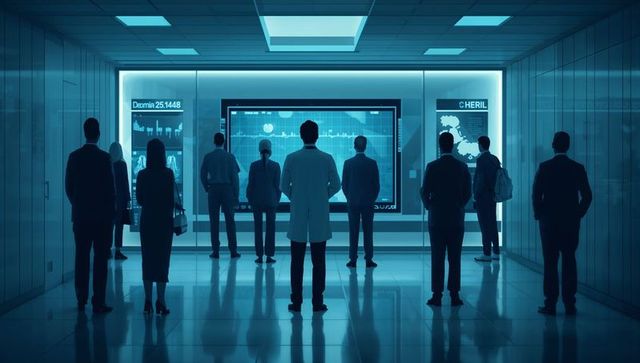 Professionals Watching Large Interactive Data Wall in Modern Technology Corridor