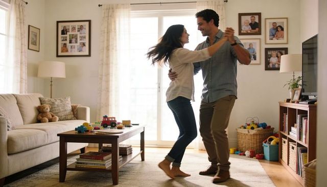 Barefoot couple dancing in sunlit family living room with toys and framed photos