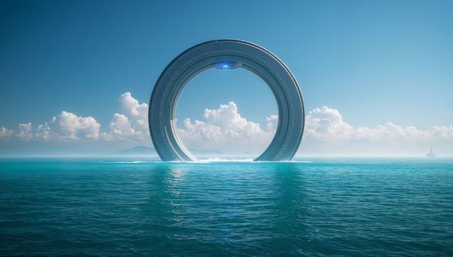 Futuristic metallic ring rising from ocean horizon with blue portal glow