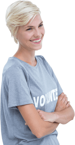 Caucasian Woman Smiling in Volunteer Shirt on Transparent Background