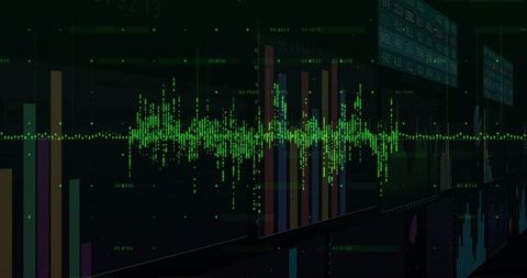 Pulsing green waveform on holographic analytics dashboard, futuristic telemetry visuals