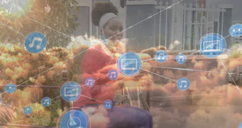 African American Woman with Bicycle and Digital Network Animation