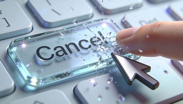 Pressing shattering cancel key closeup with finger and cursor arrow on keyboard