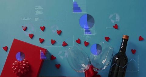 Romantic wine gift concept with tied stemmed glasses, red box, hearts and data overlays