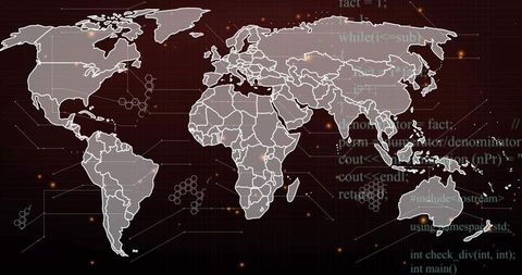 Futuristic global network map displaying digital connectivity, data nodes, hexagonal grid