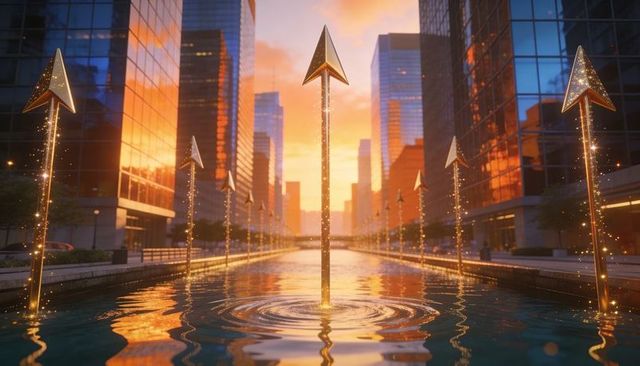 Golden arrow rising from urban canal at sunset reflecting on glass towers with glowing trails