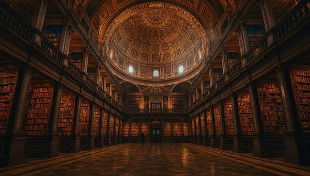 Grand domed library rotunda glowing with amber light, historic reading hall interior, ornate