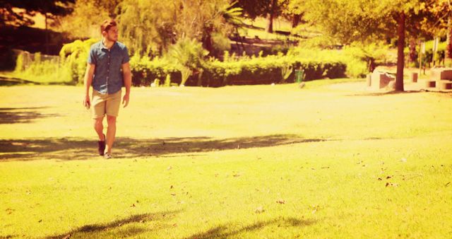 Young Man Walking Outdoors on Sunny Day in Park - Download Free Stock Images Pikwizard.com