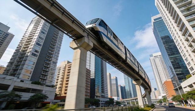 Curving elevated train passing above downtown skyline on concrete guideway with skyscraper