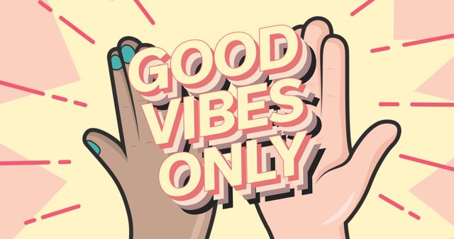 Illustration of hands with good vibes only text and doodles against pink background, copy space. Vector, international week of happiness at work, happy, holiday and awareness concept.