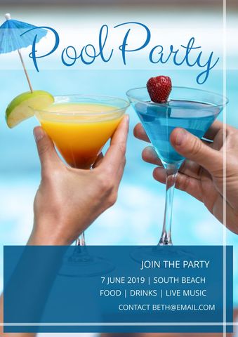 colorful pool party invitation with cocktails and blue backdrop - Download Free Stock Templates Pikwizard.com