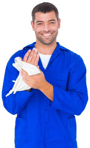 Transparent smiling mechanic wiping hands with cloth