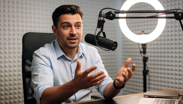 Male podcaster speaking and gesturing into microphone in podcast recording studio