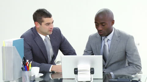 Businessmen Collaborating on Project in Modern Office
