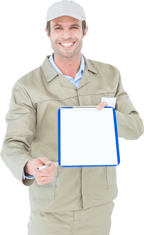 Transparent Delivery Worker Offering Clipboard Plus Pen for Signature - Download Free Stock Videos Pikwizard.com