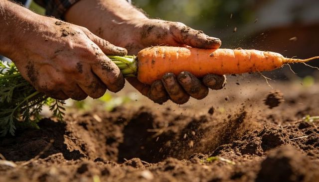 Gardener Hands Pulling Muddy Carrot from Garden Bed Close-Up Harvesting Fresh Root Produce