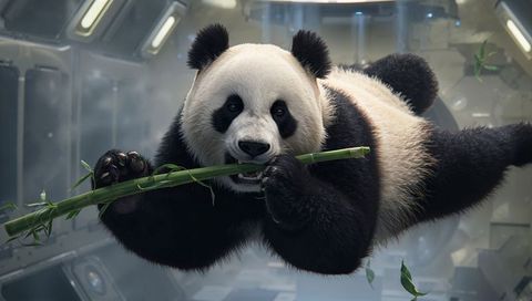 Giant panda floating in futuristic lab chamber chewing bamboo stalk, high-tech containment concept