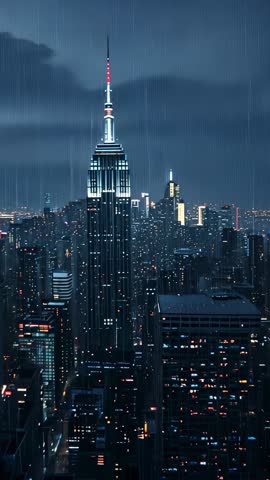 Vertical Night Rain Soaking Empire State Building with Mysterious Artifact Appearing