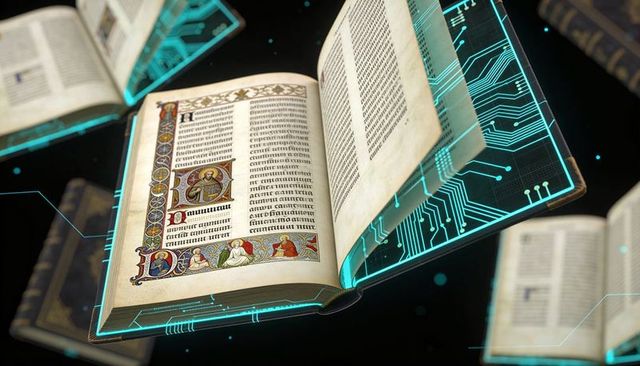 Floating illuminated manuscript turning virtual page with neon circuit holographic overlay