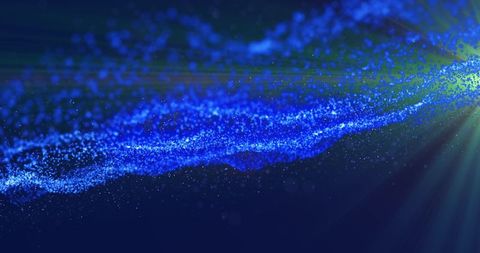 Abstract Glowing Blue Particles with Light Trails in Dark Space