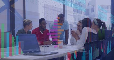 Diverse team collaborating on data analytics around conference table with transparent charts overlay