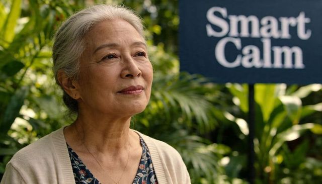 Serene senior asian woman standing in tropical garden gazing upward wearing beige cardigan