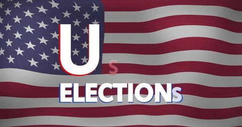 Us elections broadcast banner with american flag, bold typography and patriotic stars