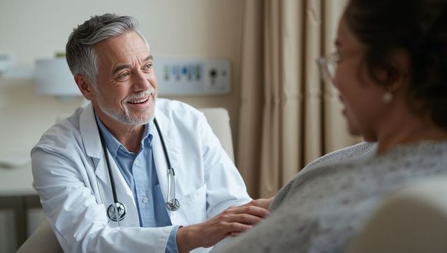 Senior male doctor reassuring patient during consultation, holding hand, showing empathy