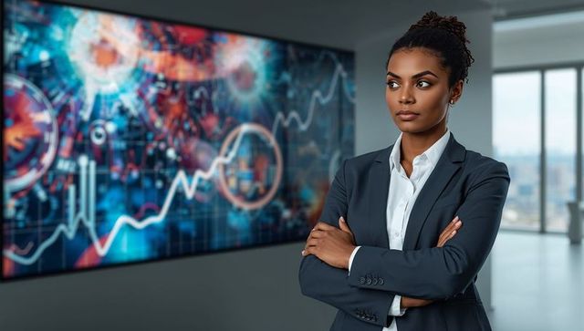 Confident executive analyzing financial data on large digital display in modern office