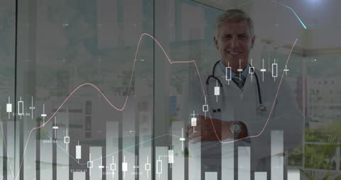 Doctor Amidst Financial Data Graphs Highlighting Digital Healthcare