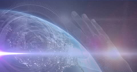 Futuristic Interaction: Hand Icons and Digital World Connectivity