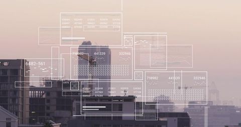 Translucent HUD Data Overlay on Pastel Urban Skyline at Dusk for Smart City Interface