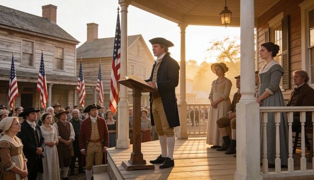 Colonial statesman delivering independence address on town porch at sunrise
