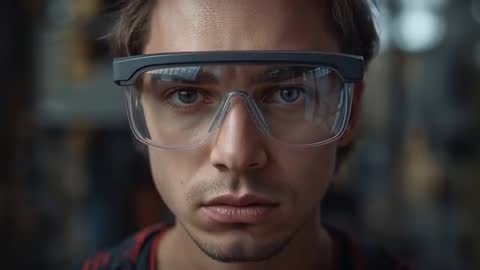 Young Technician Wearing Safety Goggles Staring into Camera with Intense Focus in Workshop Lab