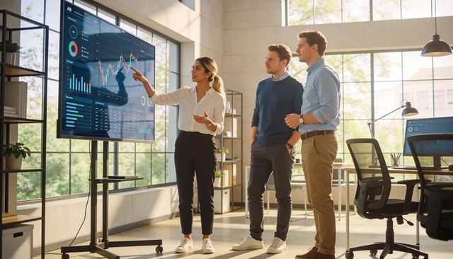Presenting team analyzing financial charts on interactive display in bright modern office