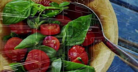 Fresh Cherry Tomatoes and Herbs with Digital Data Overlay