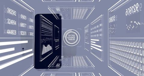 Vertical Server Visualizing Holographic Analytics Tunnel with Neon Dashboards and Charts