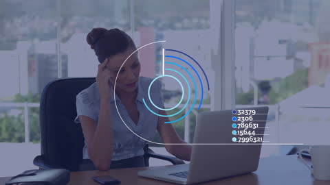 Stressed Businesswoman Analyzing Data with Futuristic Interface in Office