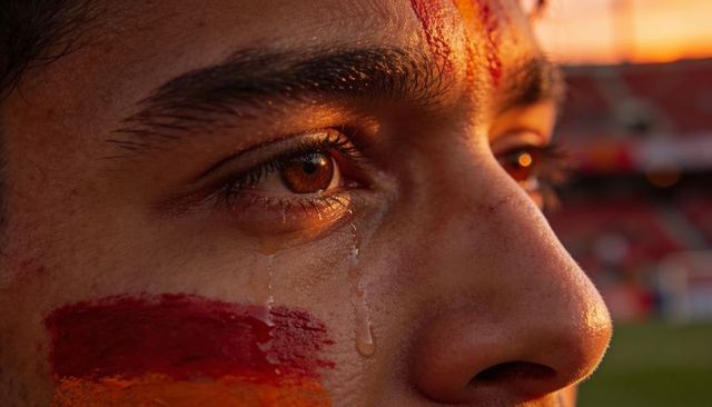 Closeup tearful sports fan with red and yellow face paint at stadium sunset
