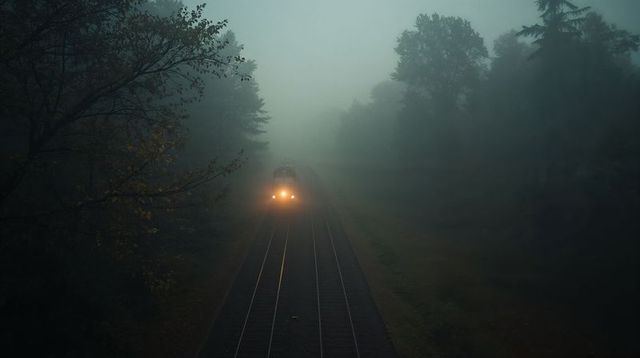 Diesel Locomotive Cutting Through Foggy Woodland at Dawn with Bright Headlamps