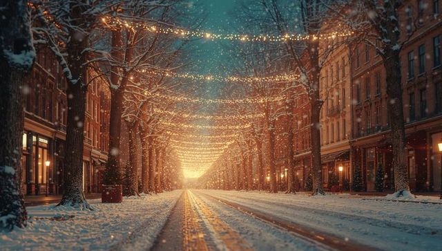 Winter street with snowy trees and festive string lights