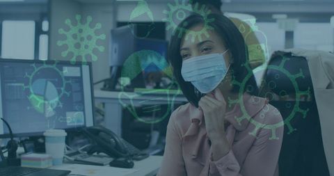 Woman Wearing Face Mask in Office with Pandemic Icon Overlays