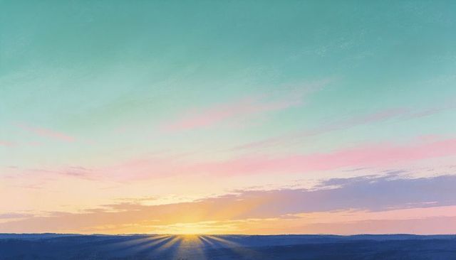 Rising sun casting golden rays over calm blue sea at dawn with pastel sky