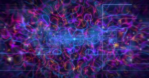 Pulsing neon energy core radiating through futuristic hud grid radial scale and particles