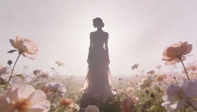 Silhouetted woman standing in misty flower field wearing flowing gown backlit by halo glow
